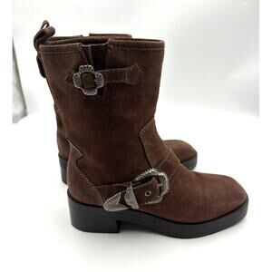 Larroude Hardy Brown Suede Moto Western Buckle Boots Womens 7 Made in Brazil